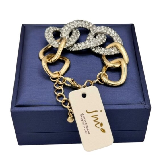 New Chunky Link Bracelet 18K Gold Plated Crystal Pave Statement Glam Sparkle - Picture 6 of 10